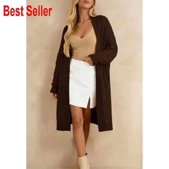 Oversized Cable Knit Cardigan Chunky Open Front Long Sleeve Sweater - Picture 5 of 8